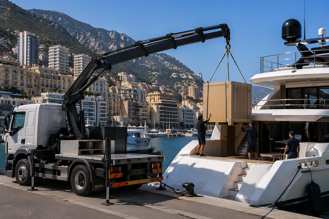 Camion-grue chargeant des caisses sur un yacht dans un port de plaisance, avec des montagnes