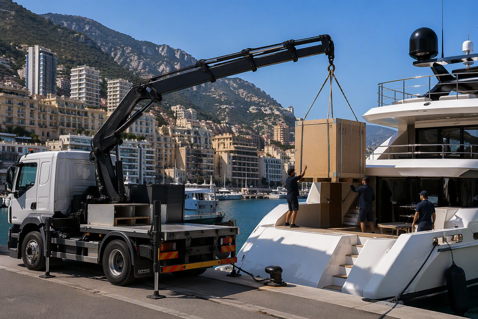 Camion-grue chargeant des caisses sur un yacht dans un port de plaisance, avec des montagnes et des bâtiments