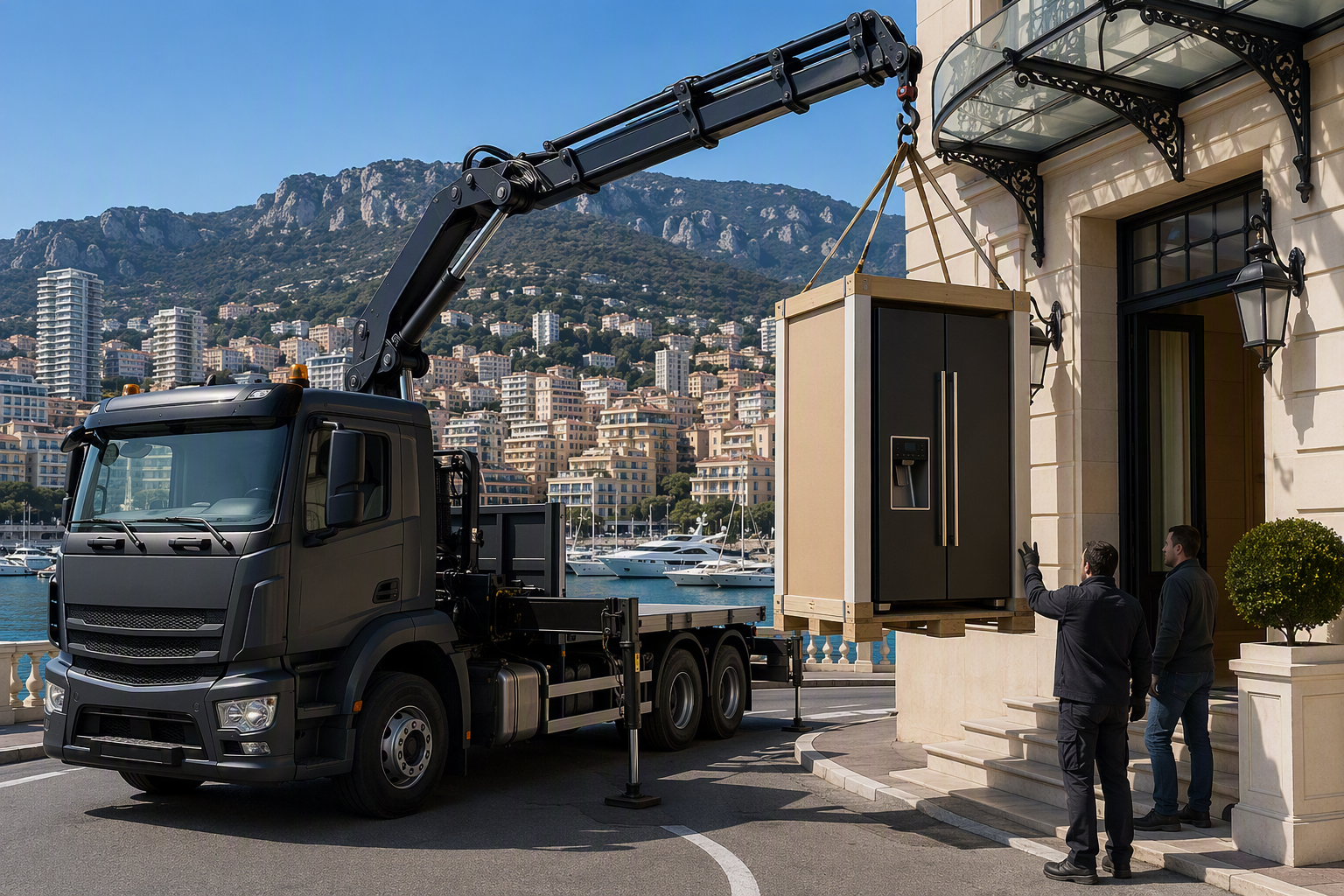 Un camion-grue noir soulève un carton par une fenêtre dans une rue de la ville, avec des montagnes en arrière-plan.