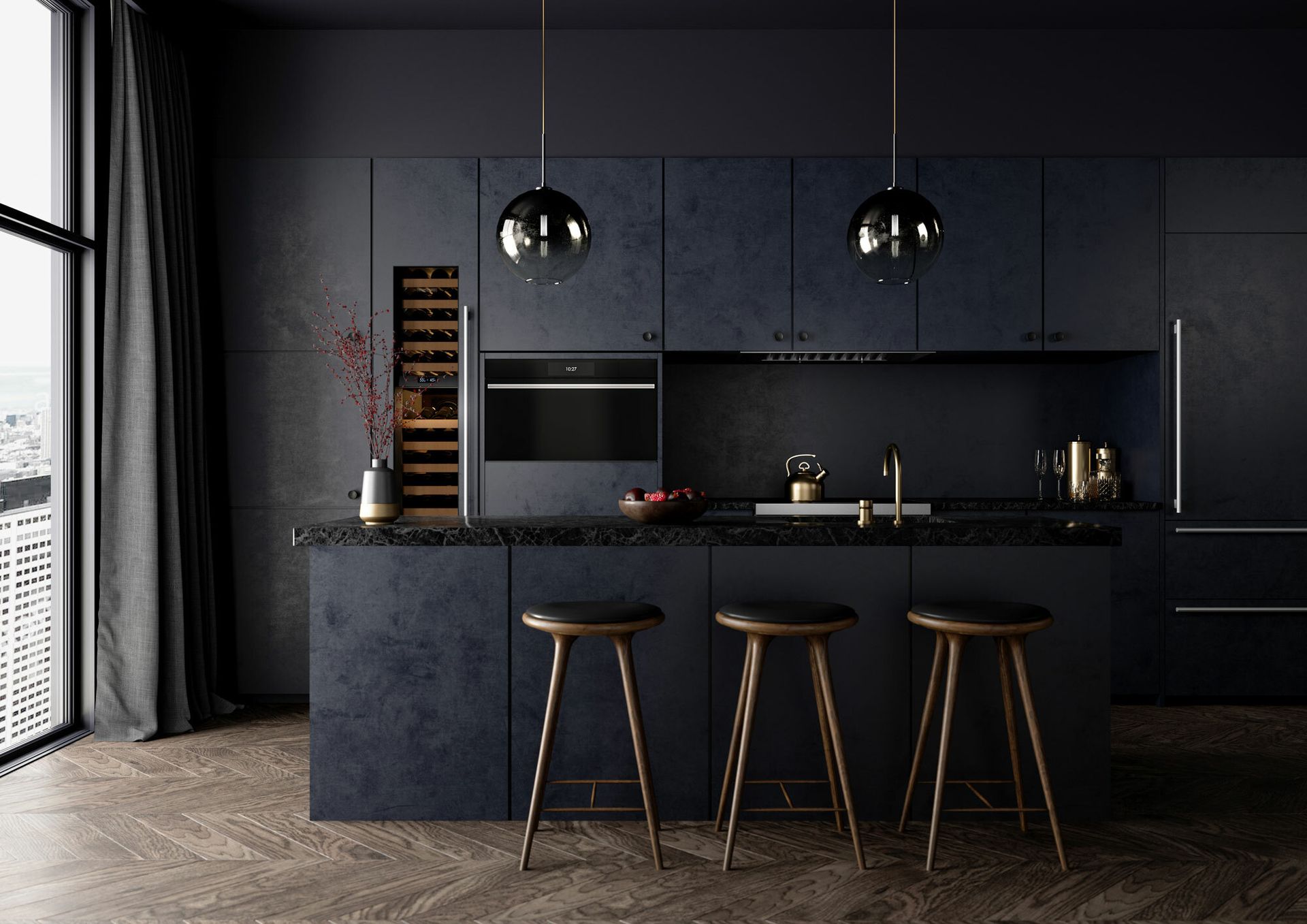 Cuisine moderne noire avec îlot central, trois tabourets, suspensions lumineuses et fenêtres allant du sol au plafond
