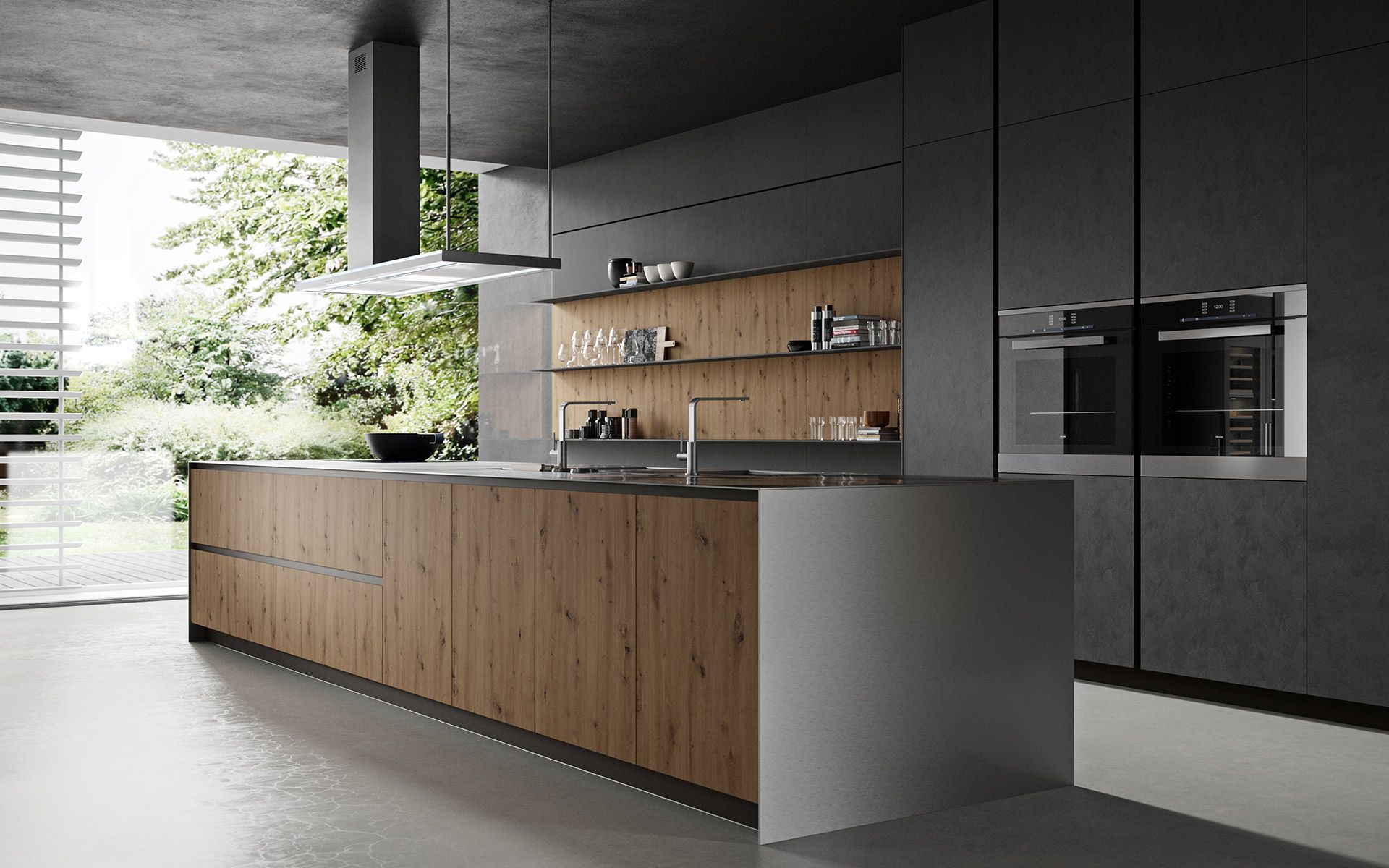 Cuisine moderne et minimaliste avec îlot en bois, armoires foncées et grande fenêtre