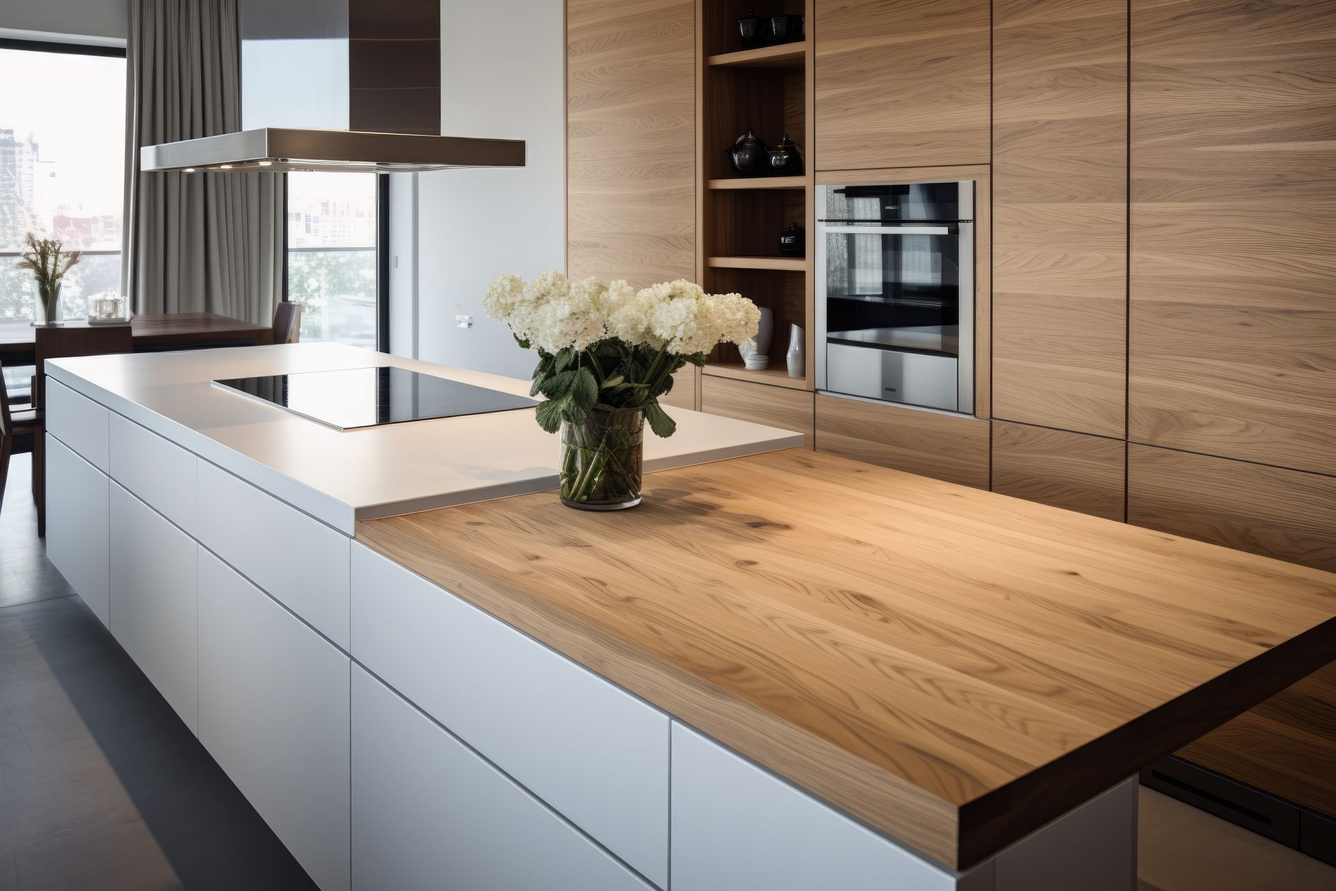 Cuisine moderne avec îlot en bois, four encastré et vase de fleurs