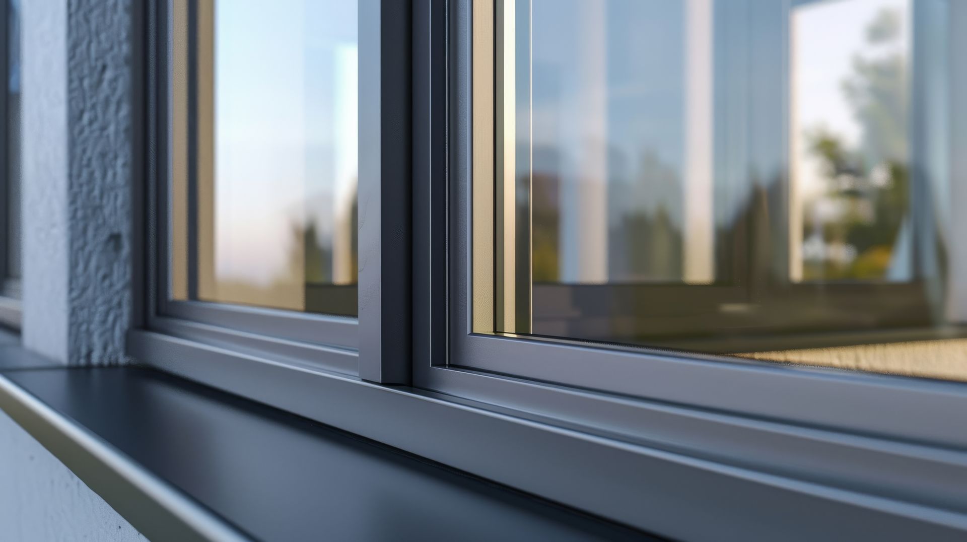 Gros plan de fenêtres coulissantes vitrées à cadre gris, avec des reflets et une douce lumière du jour