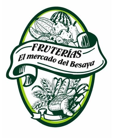 Logo for Fruterías El mercado del Besaya, an oval design with fruits, vegetables, and text on a banner.