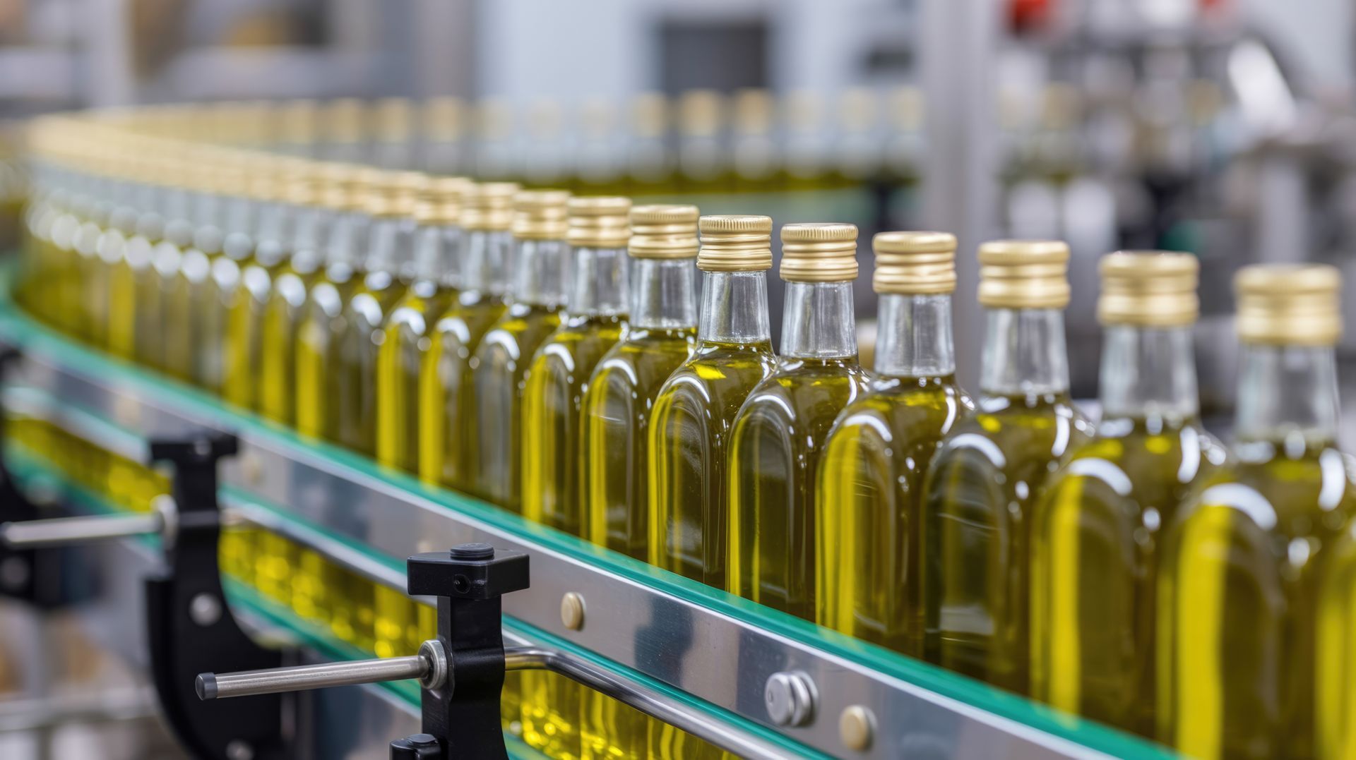 Des rangées de bouteilles en verre transparent remplies d'un liquide jaune défilent sur un tapis roulant d'usine