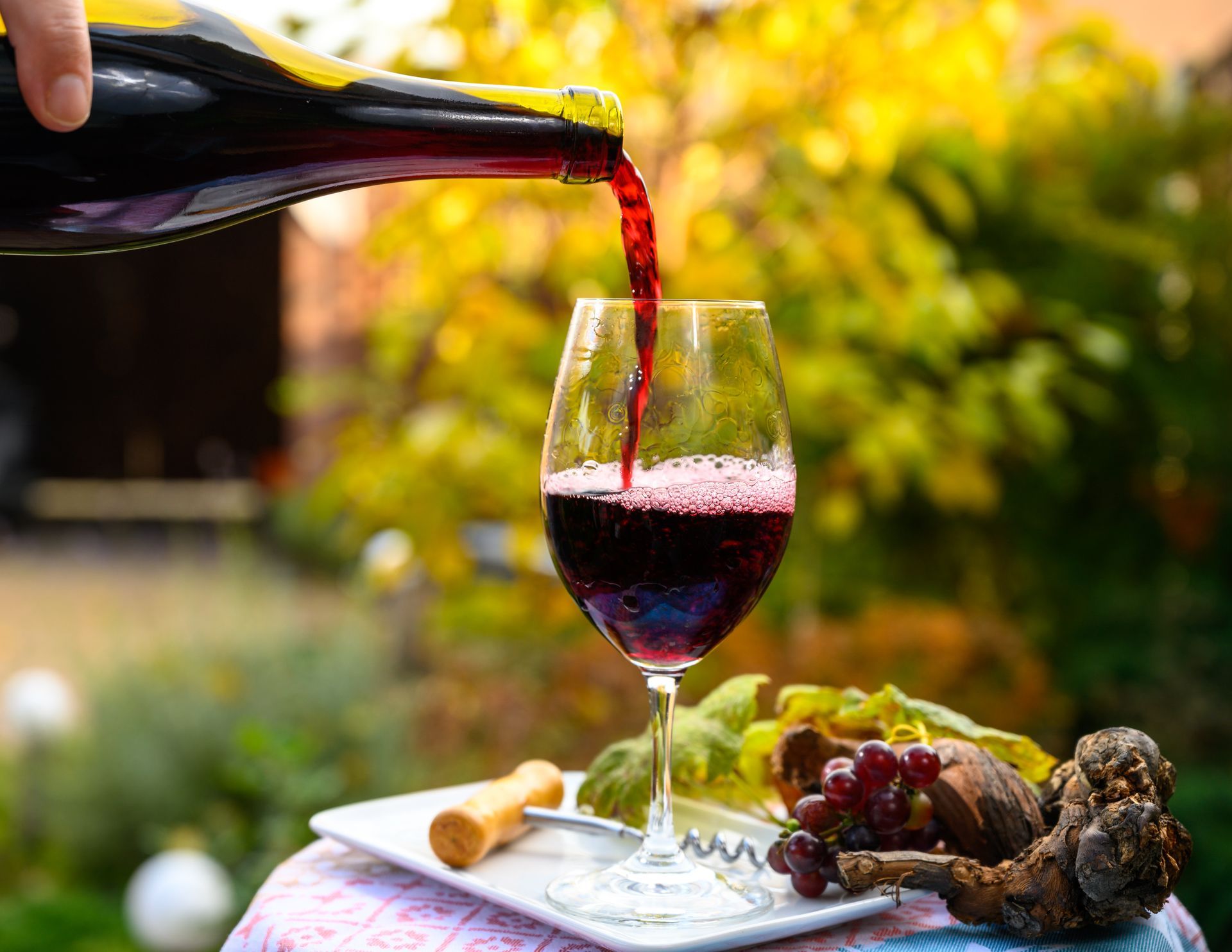 Du vin est versé dans un verre à une table en terrasse, entourée de raisins et de mets, sous un soleil radieux.