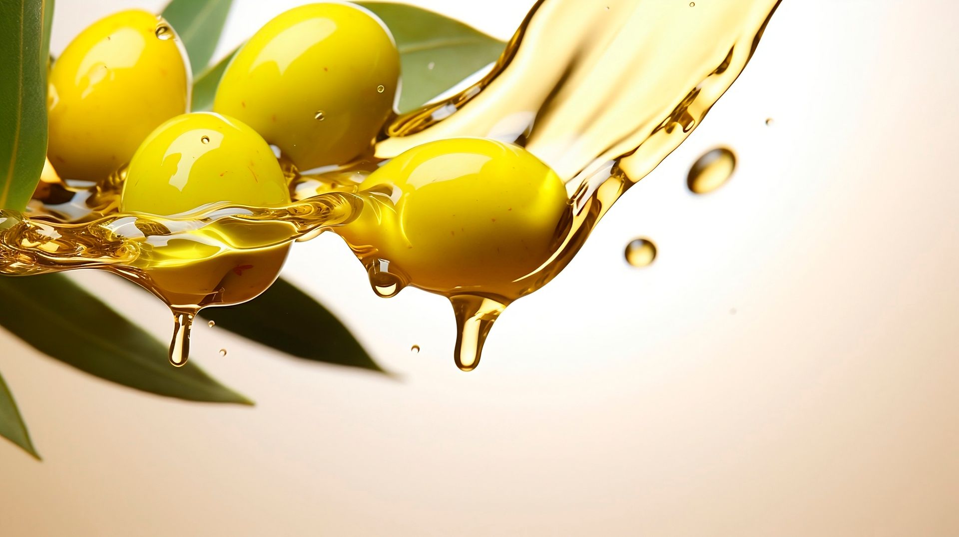 Gros plan sur des olives jaunes et des feuilles vertes arrosées d'huile d'olive.