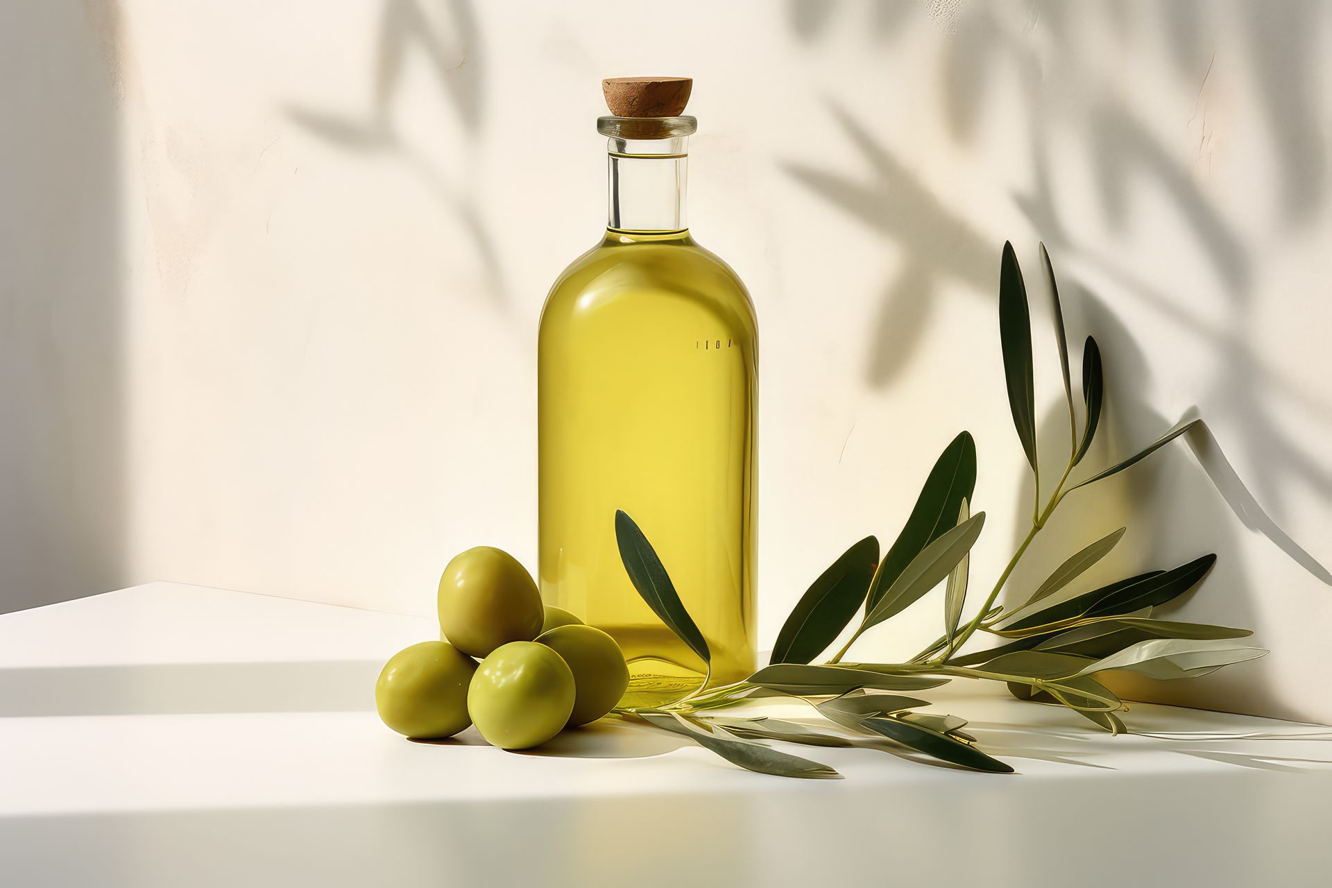 Bouteille d'huile d'olive avec des olives vertes et des branches d'olivier sur une surface blanche ensoleillée