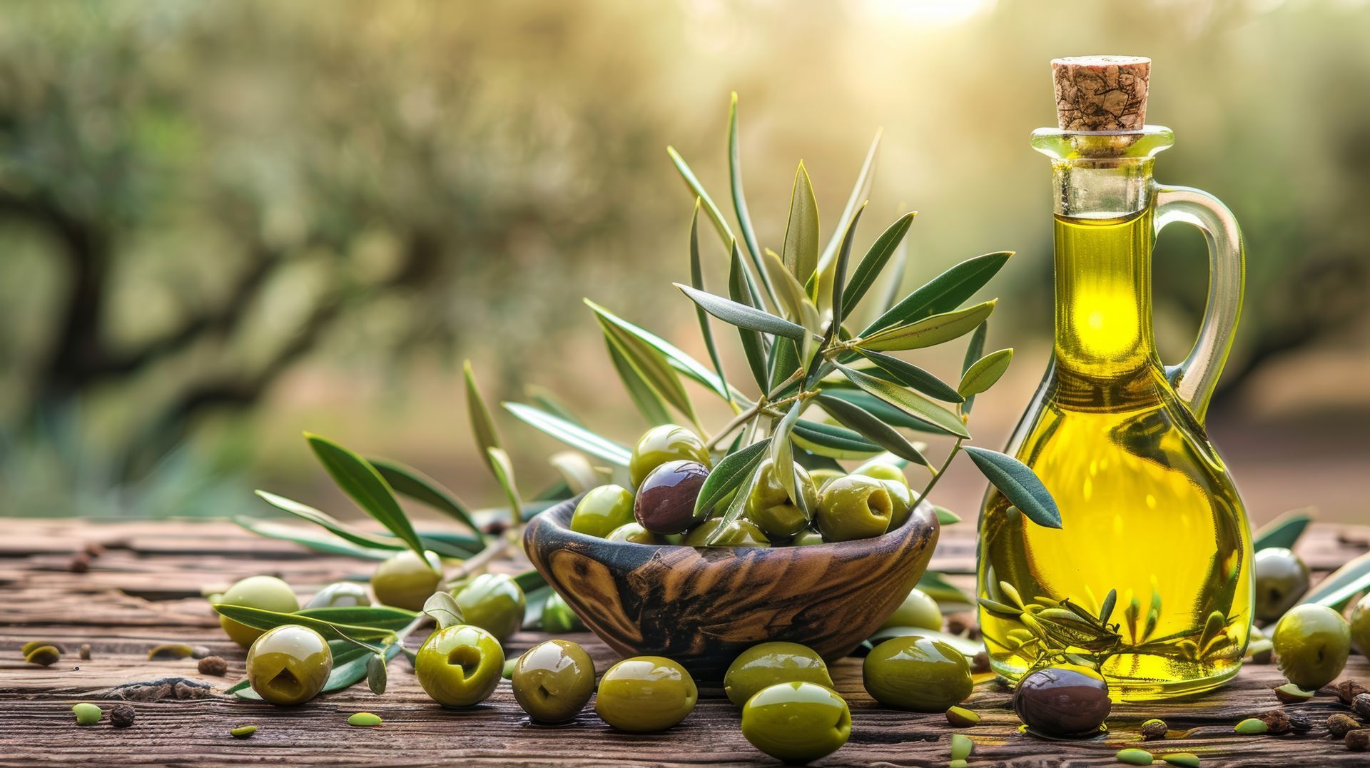 Olives et huile d'olive dans une bouteille en verre avec des branches sur une table rustique en bois à l'extérieur