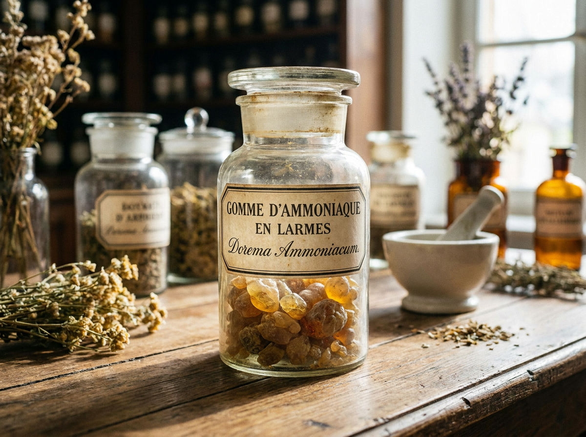 Bocal en verre contenant des fleurs de camomille séchées, posé sur une table rustique avec un mortier, des bouteilles et des herbes aromatiques.