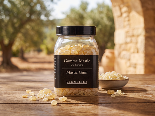 Pot de gomme mastic dorée sur une table en bois à l'extérieur, avec des morceaux de résine renversés et un mur de pierre en arrière-plan.