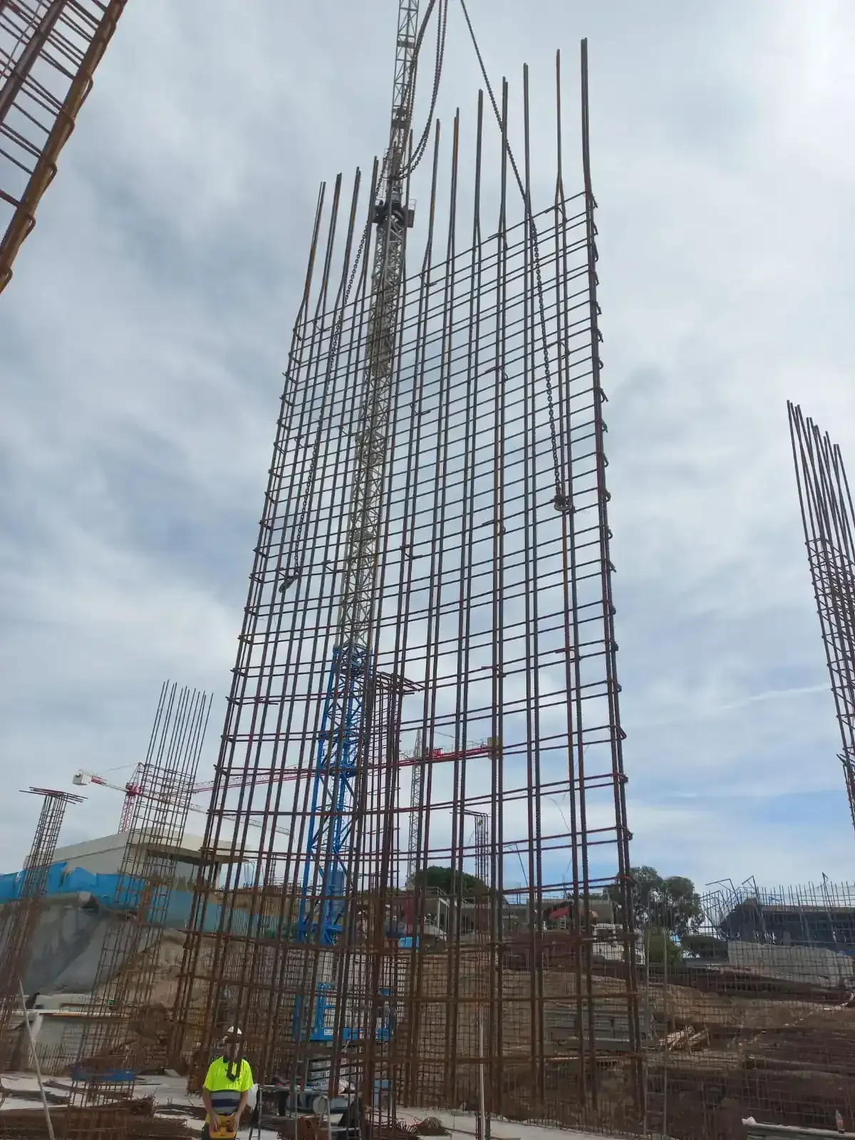 Barras de refuerzo de acero en el interior de encofrado de madera, obra de construcción.
