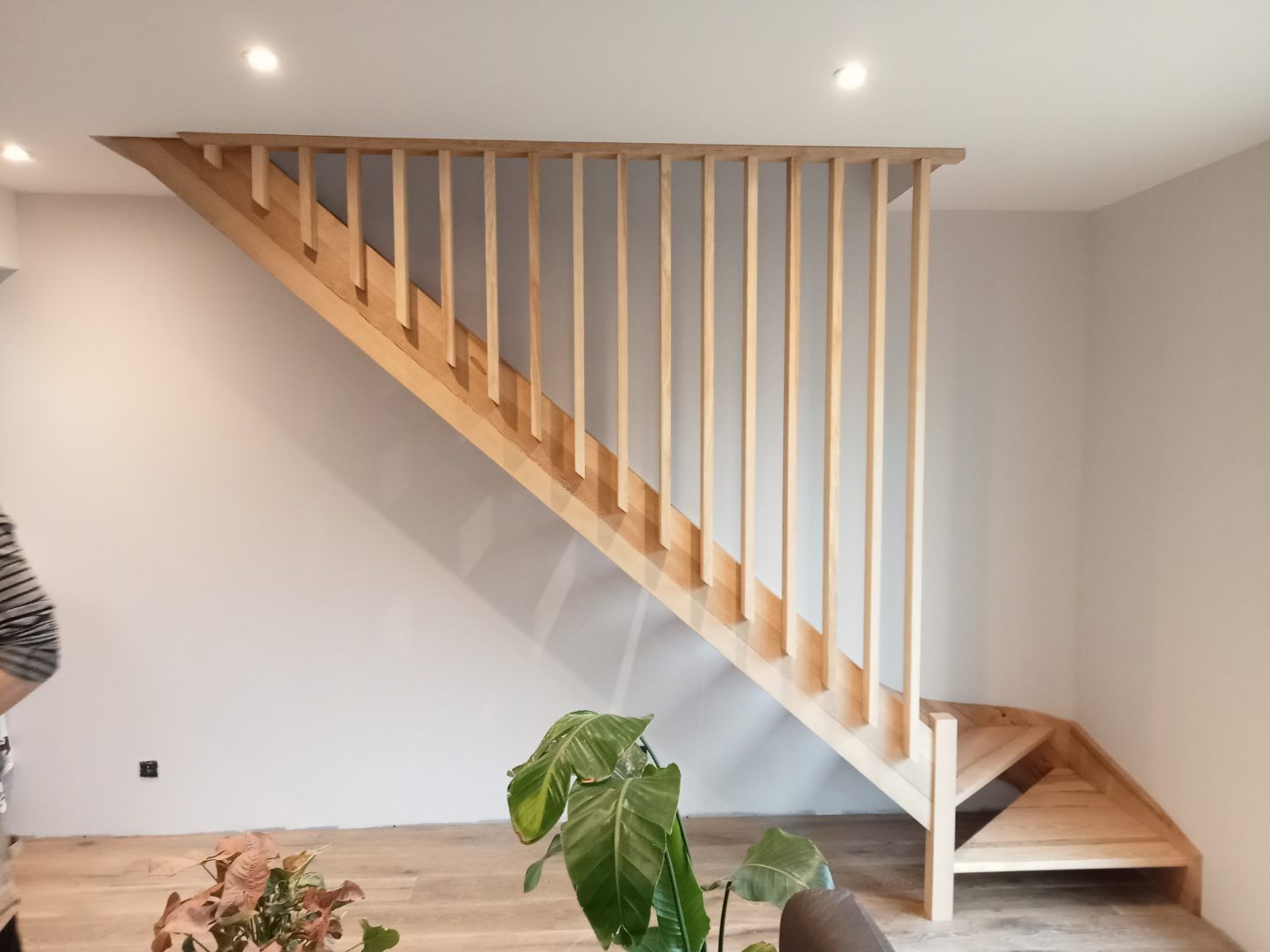 Escalier moderne en bois avec rampe blanche dans une pièce lumineuse, avec des plantes au premier plan