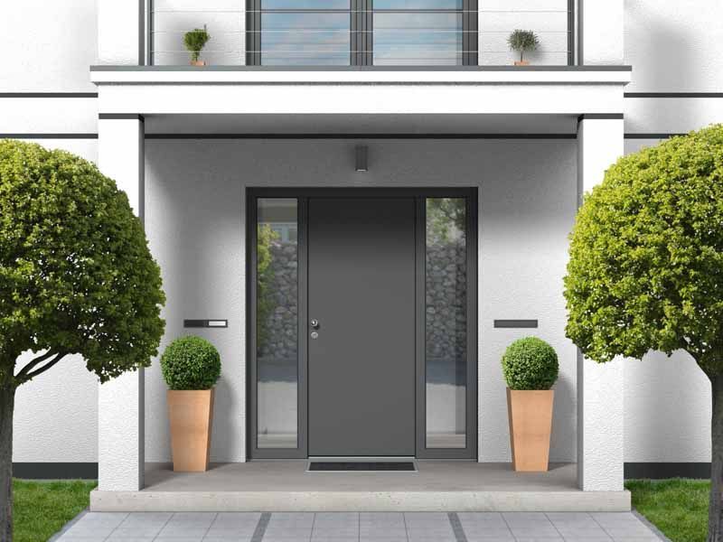 Entrée d'une maison moderne avec double porte grise, plantes en pot et arbres taillés de chaque côté.