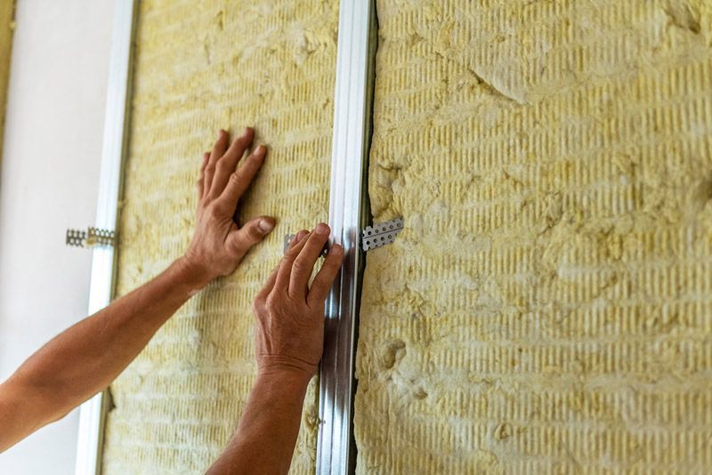 Des mains installent des panneaux isolants entre les montants muraux