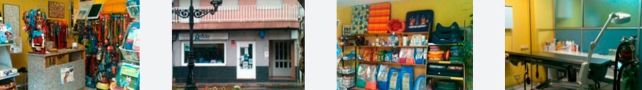 Una escena callejera con escaparates, donde se aprecian los letreros, colores y texturas de los negocios.