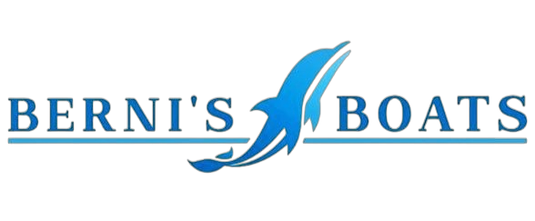 Logotipo para Berni's Boats: texto y un delf&iacute;n azul estilizado saltando fuera del agua.
