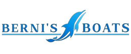 Logotipo para Berni's Boats: texto y un delf&iacute;n azul estilizado saltando fuera del agua.