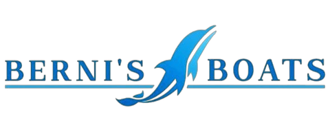Logotipo para Berni's Boats: texto y un delf&iacute;n azul estilizado saltando fuera del agua.