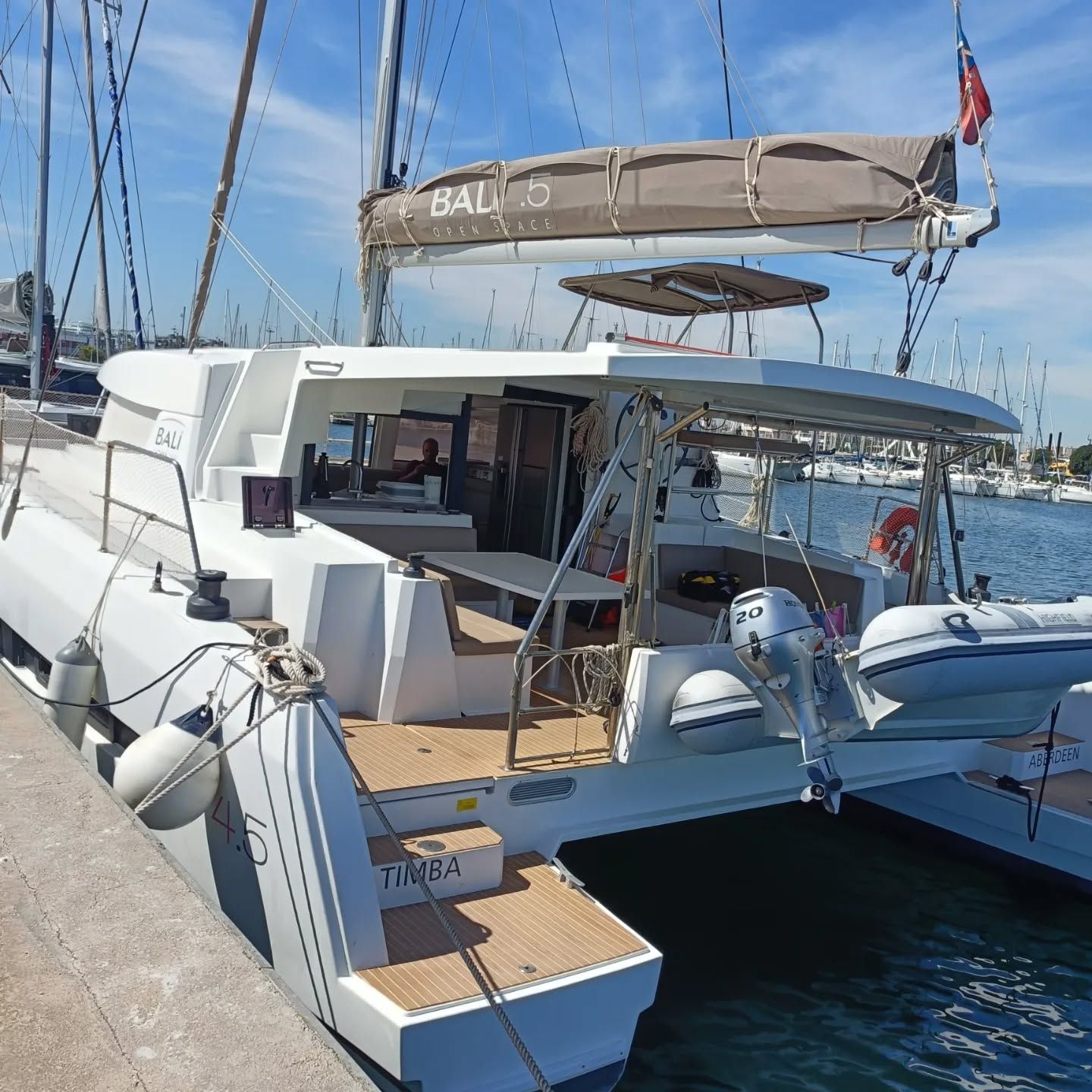 Catamarán blanco atracado en un puerto deportivo con un bote auxiliar adjunto.