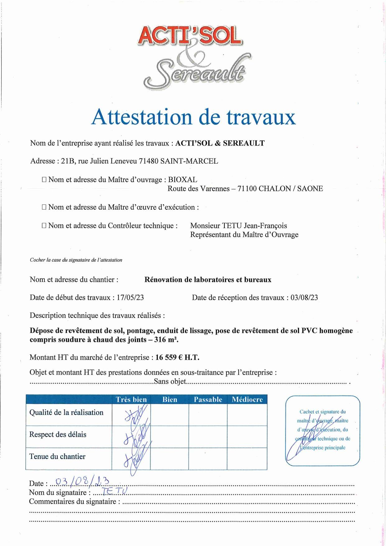 Attestation travaux Bioxal