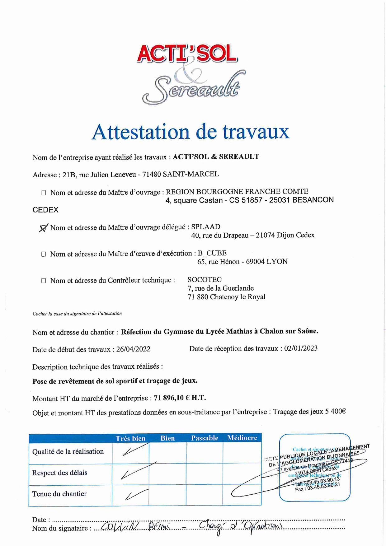 Attestation travaux Gymnase lycée Mathias