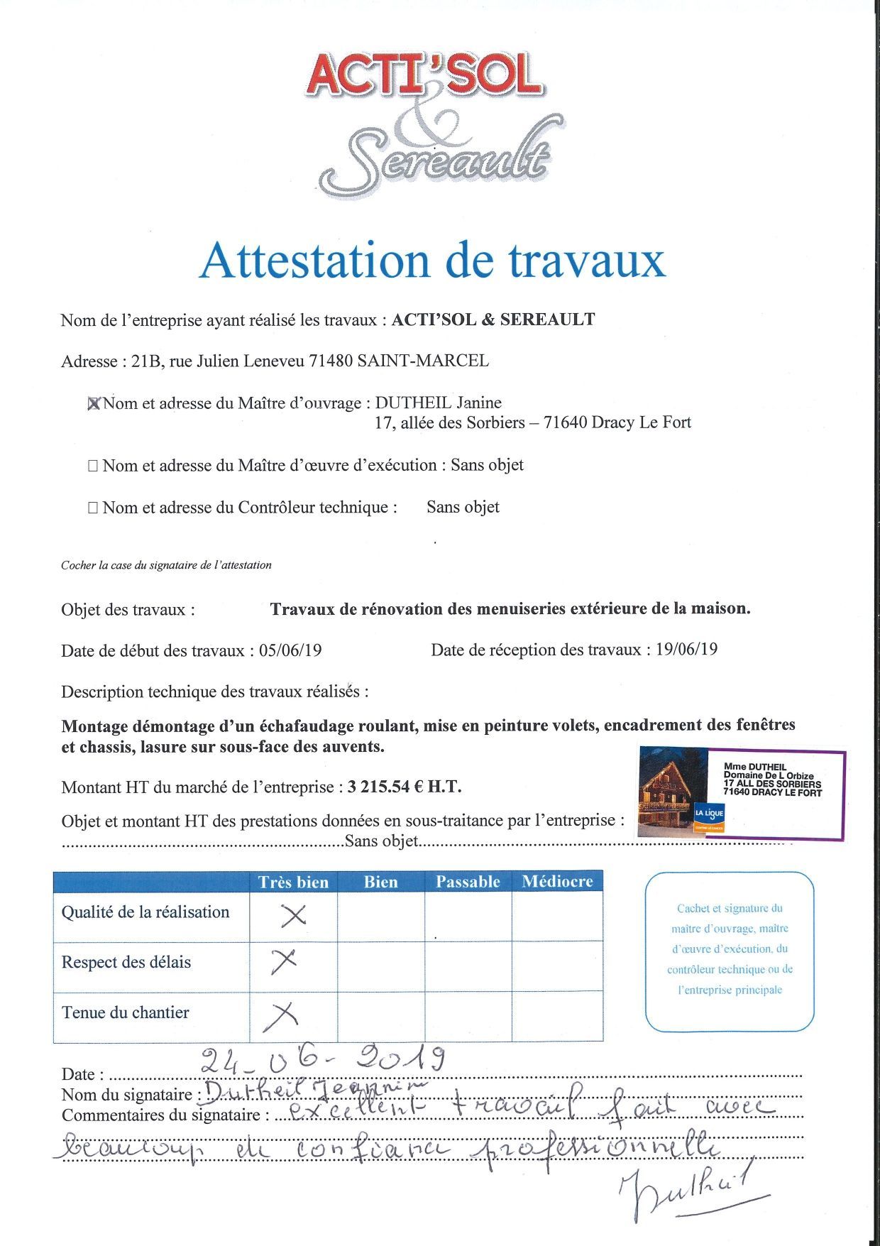 Attestation travaux Dutheil
