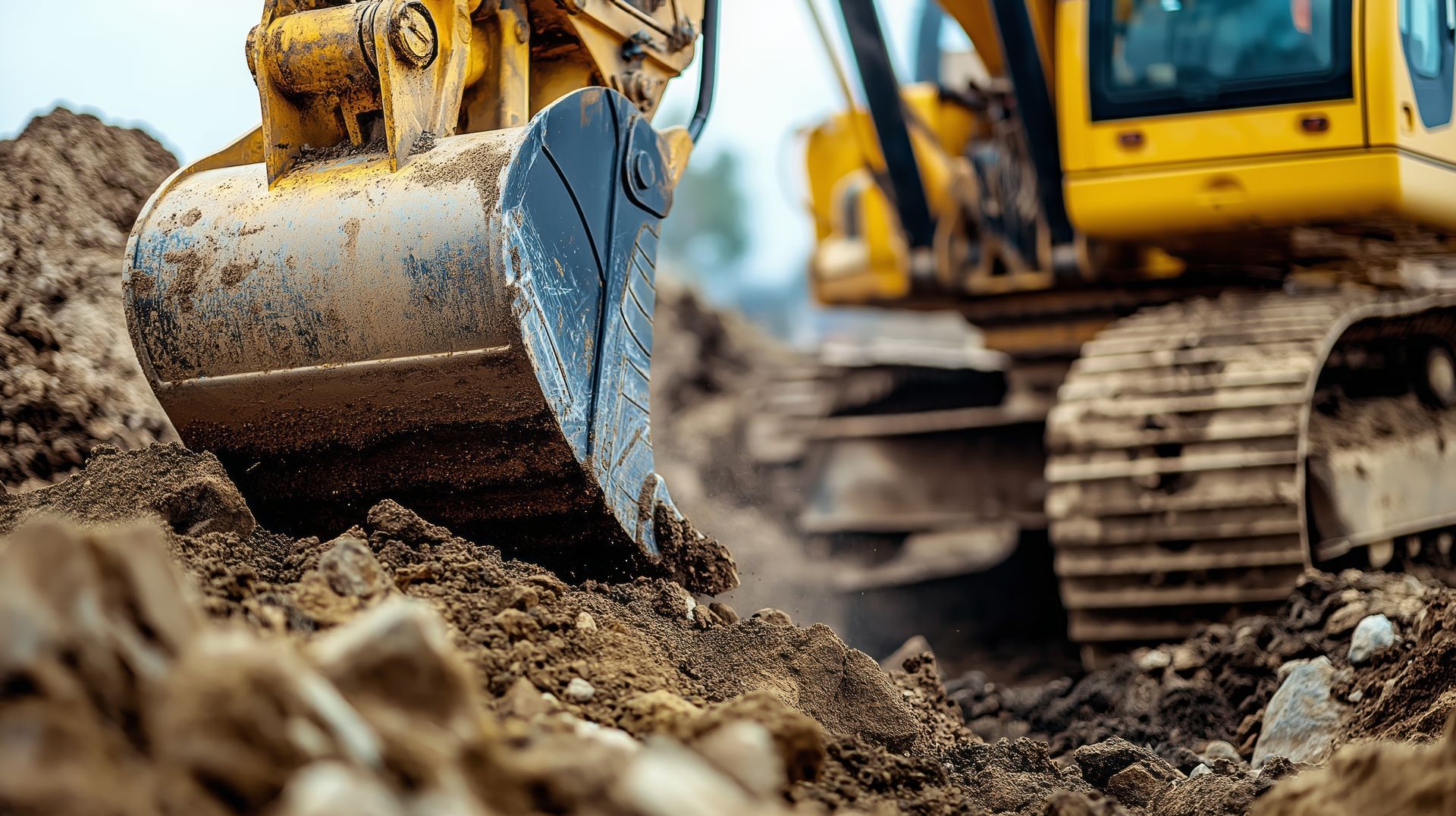 Un godet de pelleteuse creuse le sol sur un chantier, avec une machine à chenilles en arrière-plan