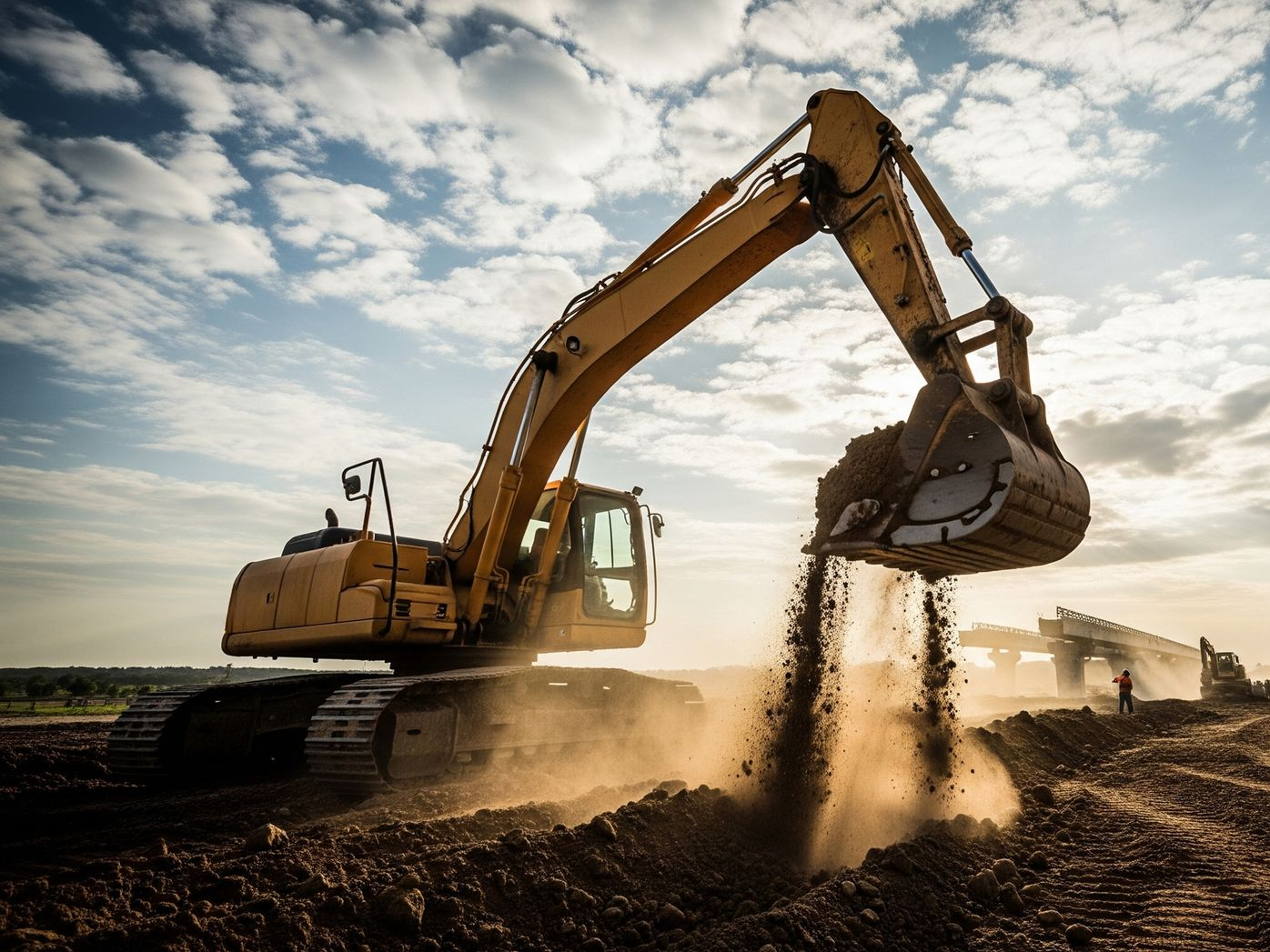 Une pelleteuse creuse le sol au coucher du soleil, tandis que la poussière s’élève sur un chantier.