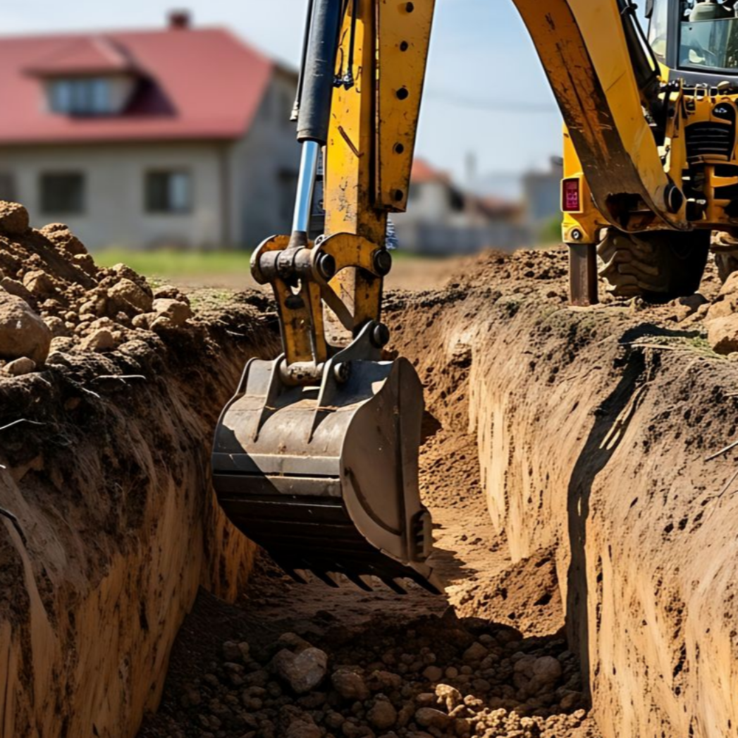 Une pelleteuse jaune creuse une tranchée sur un chantier près d’une maison