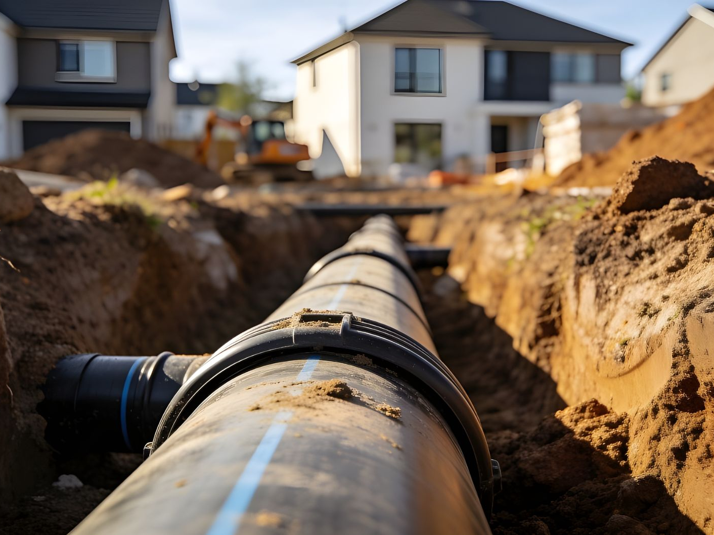 Grosse canalisation noire posée dans une tranchée sur un chantier de construction en banlieue, avec des maisons en arrière-plan