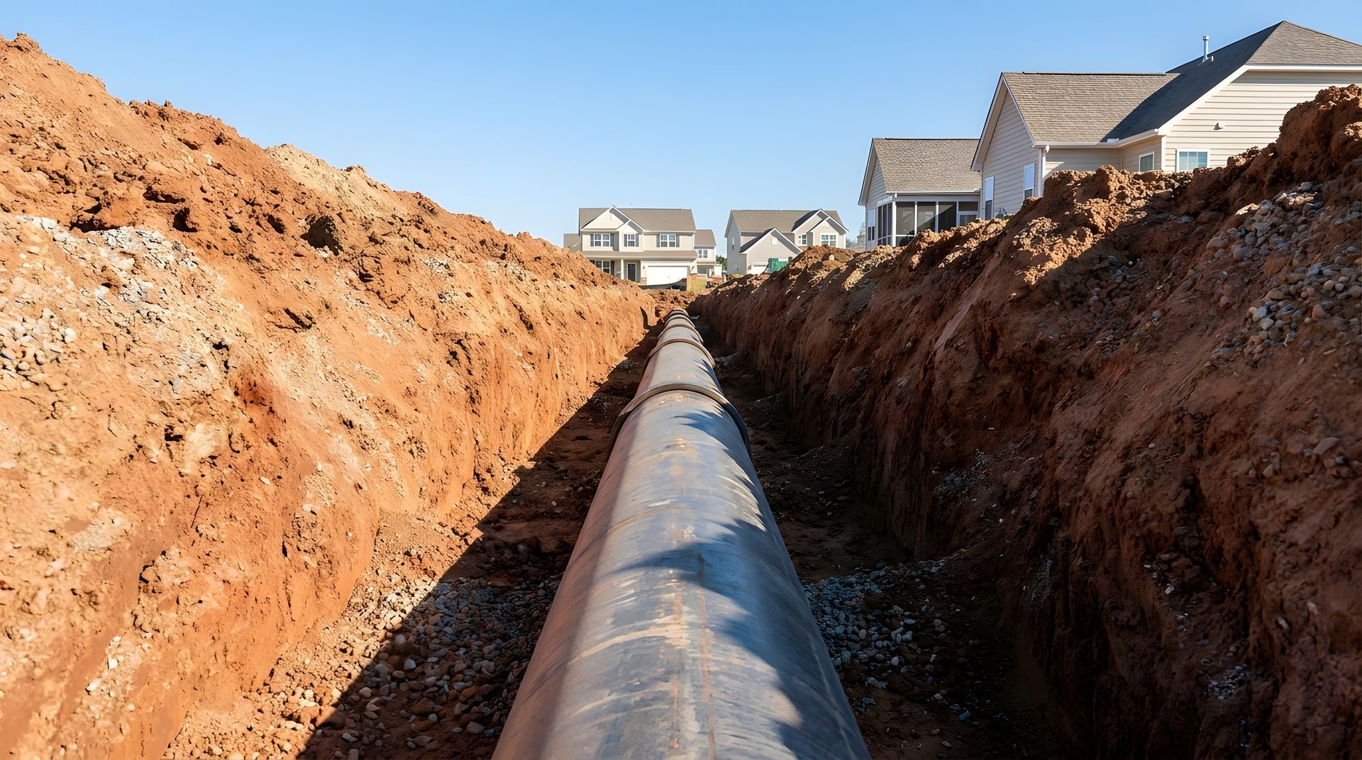 Grande canalisation posée dans une tranchée sur un chantier, avec des maisons en arrière-plan