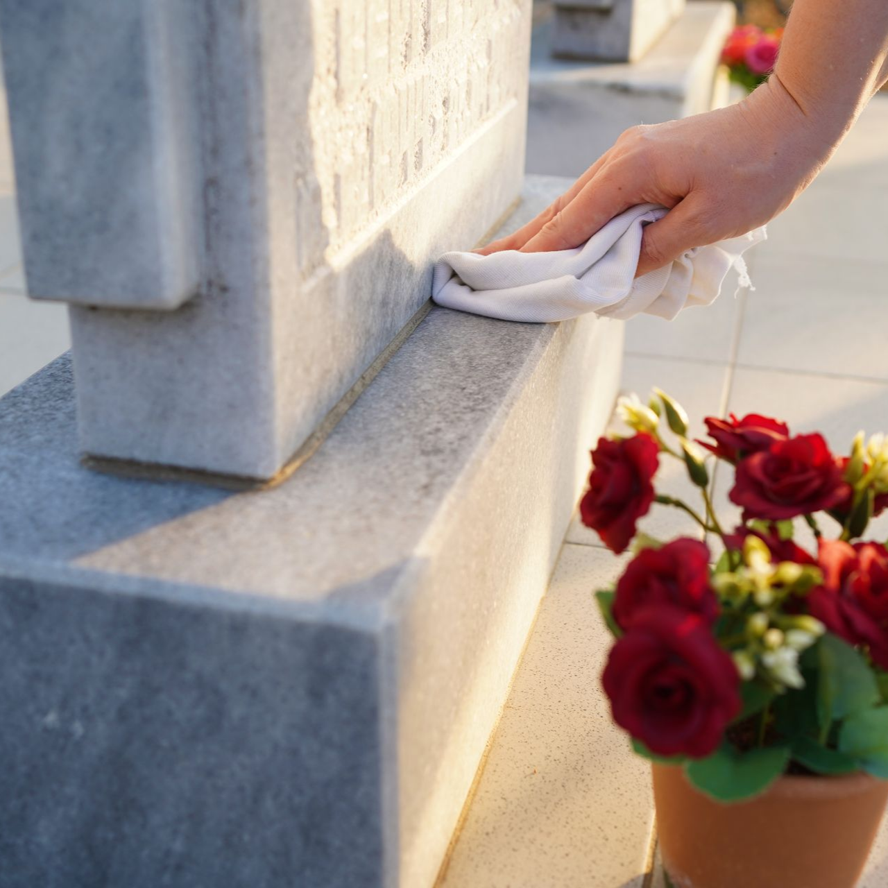 Une main essuie un monument funéraire en pierre à côté de fleurs rouges baignées de soleil