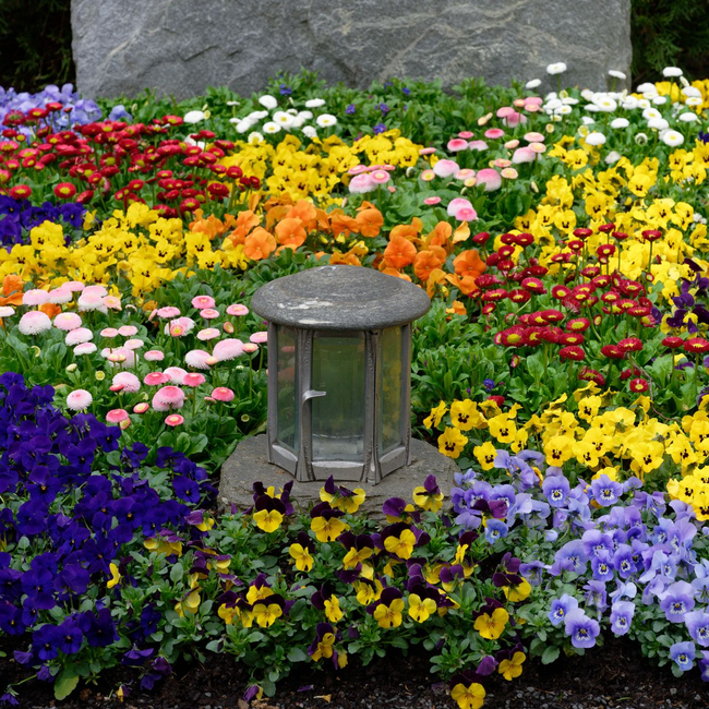 Parterre de fleurs coloré avec une petite lanterne de jardin au centre, près d'une pierre tombale