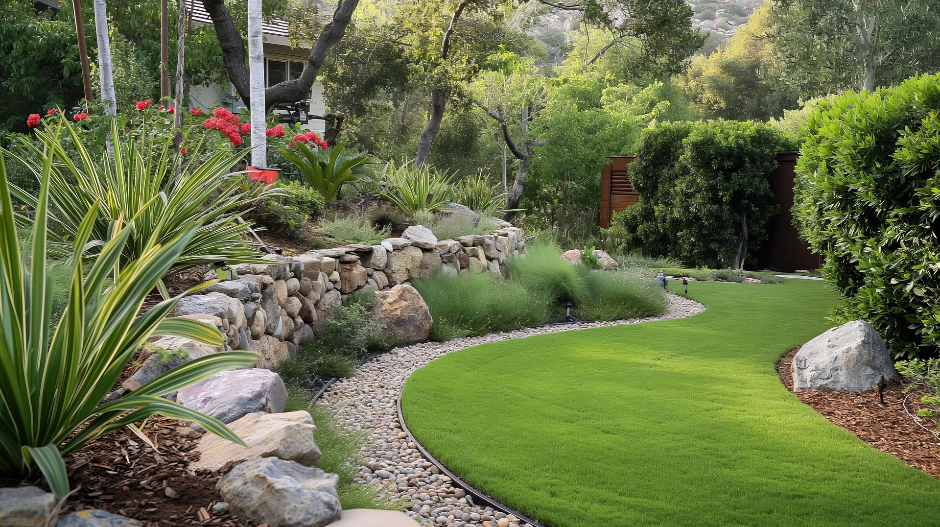Un jardin luxuriant avec une pelouse verte incurvée, des murs de soutènement en pierre et diverses plantes.