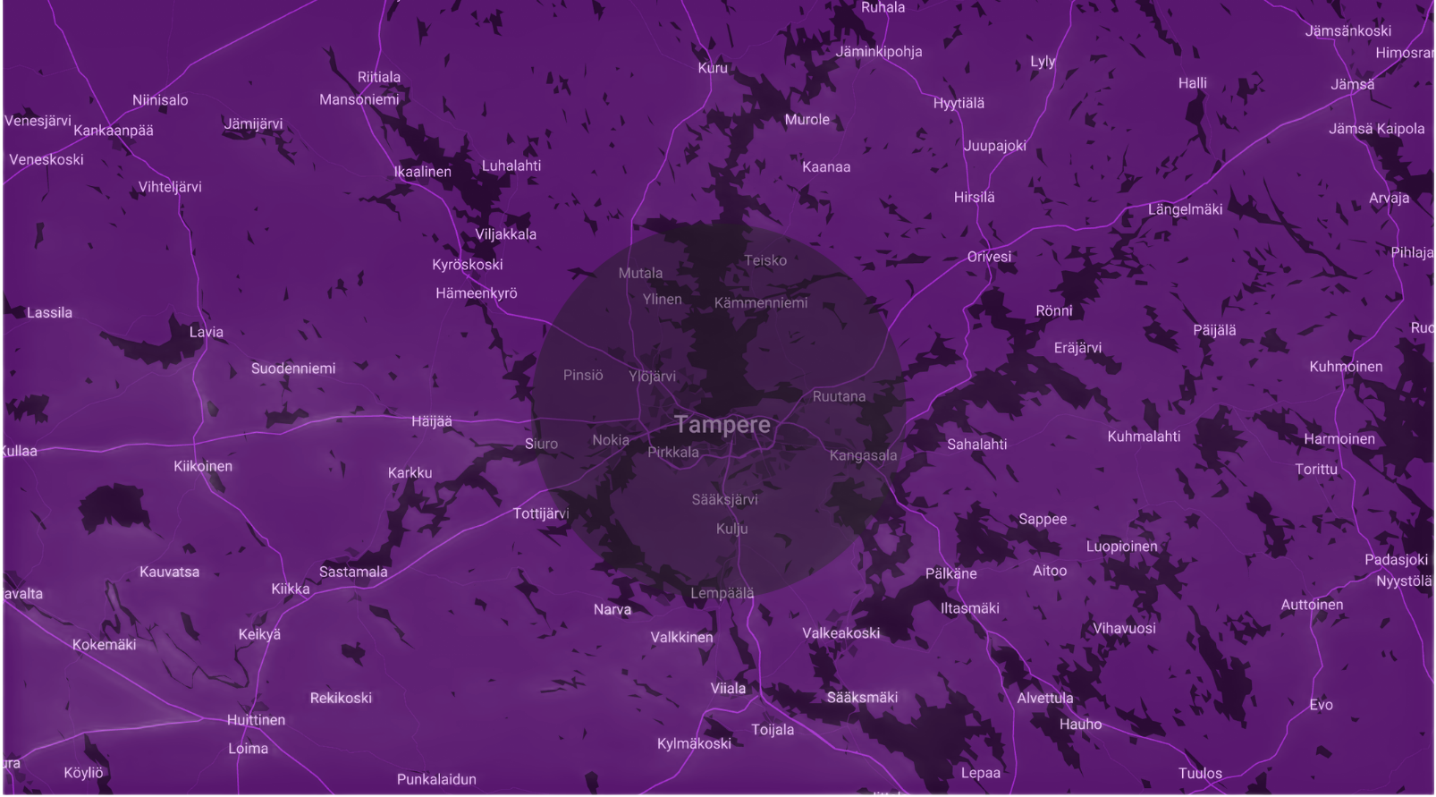 Palvelualueemme kartta: Tampere, Nokia, Pirkkala ja muu Pirkanmaa.