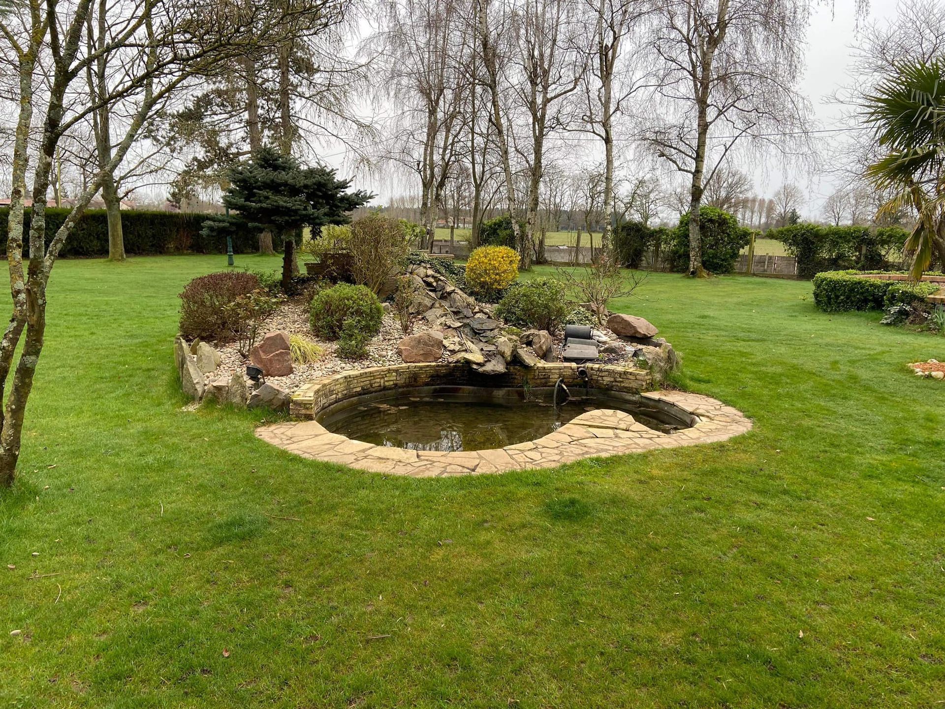 Petite mare au milieu d'un grand parc arboré.