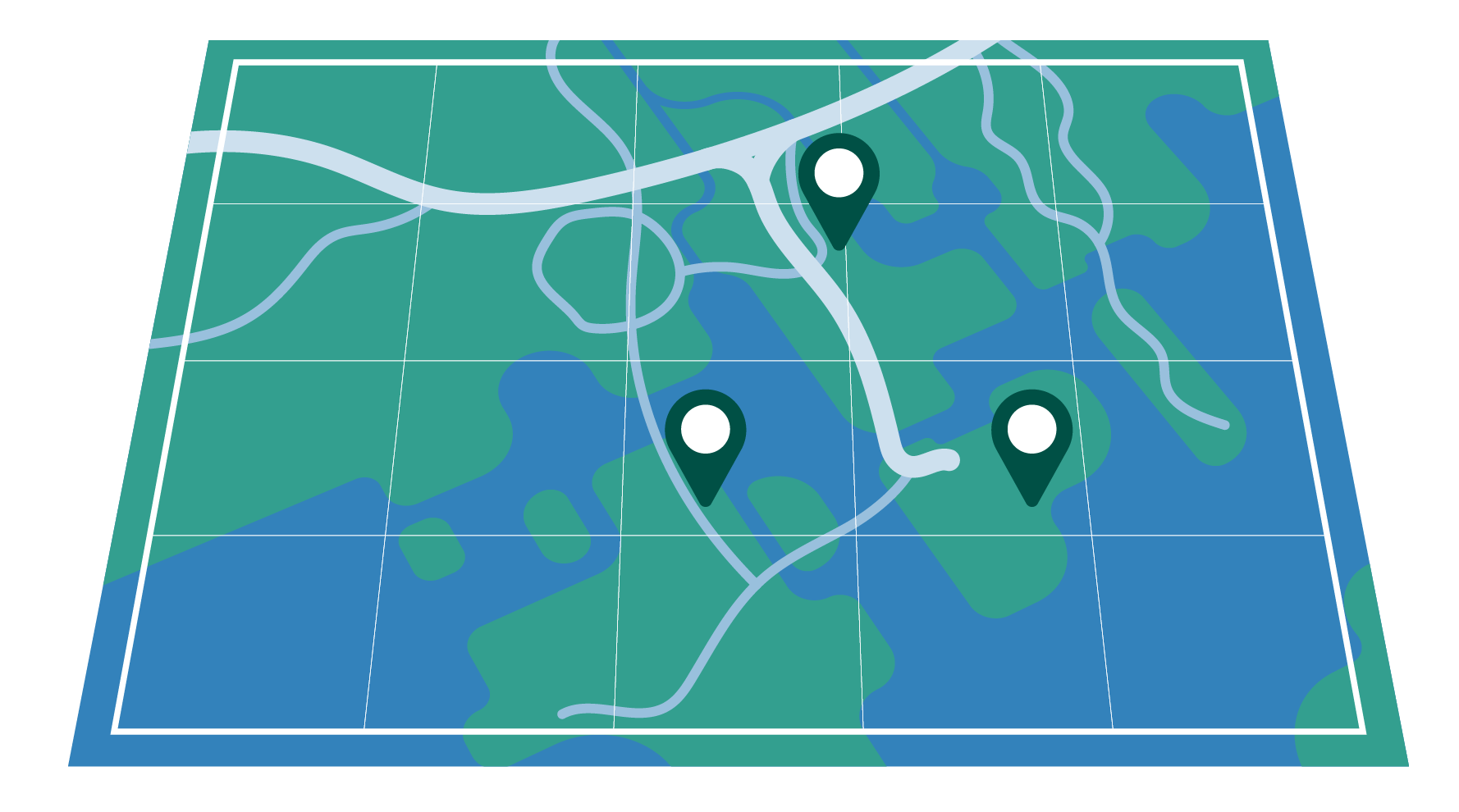 Stylized map with route lines and three location pins on a green-blue background