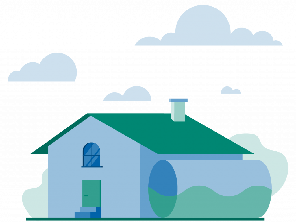 Illustration of a blue house with green roof and chimney under a cloudy sky