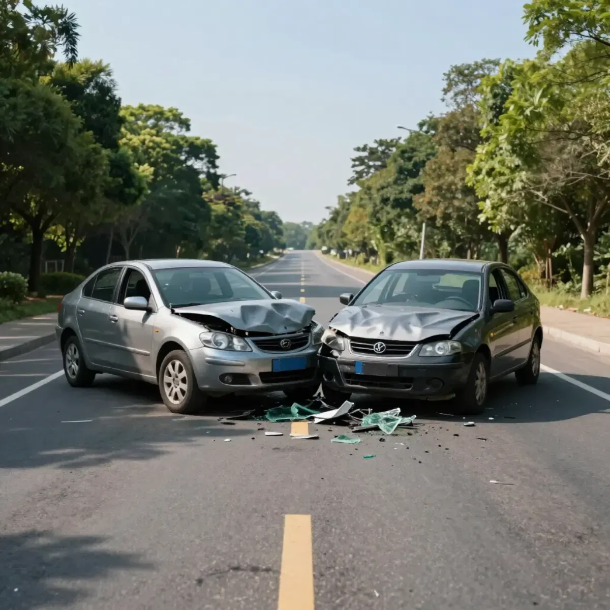 Dos coches plateados con daños en la parte delantera chocan en una carretera arbolada