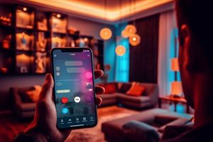 Una persona sostiene un teléfono inteligente en su mano en una sala de estar.