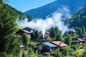 Un pequeño pueblo en las montañas con humo saliendo de las chimeneas.