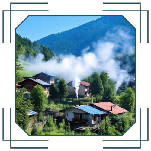 Una imagen de un pueblo con humo saliendo de las chimeneas.