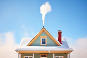 Una casa con nieve en el techo y humo saliendo de la chimenea.