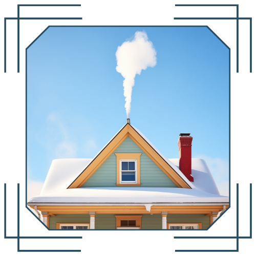 Una casa con nieve en el techo y humo saliendo de la chimenea