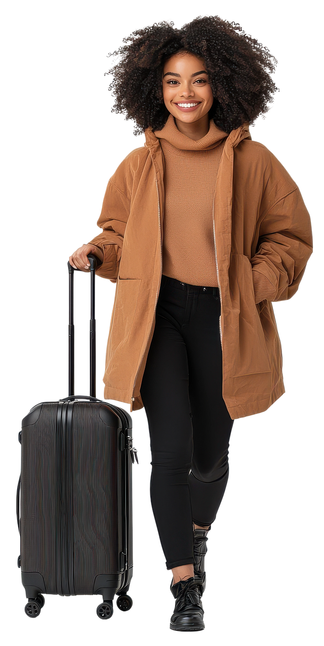 Femme aux cheveux bouclés souriante, portant un manteau marron et tenant une valise à roulettes noire sur fond blanc.