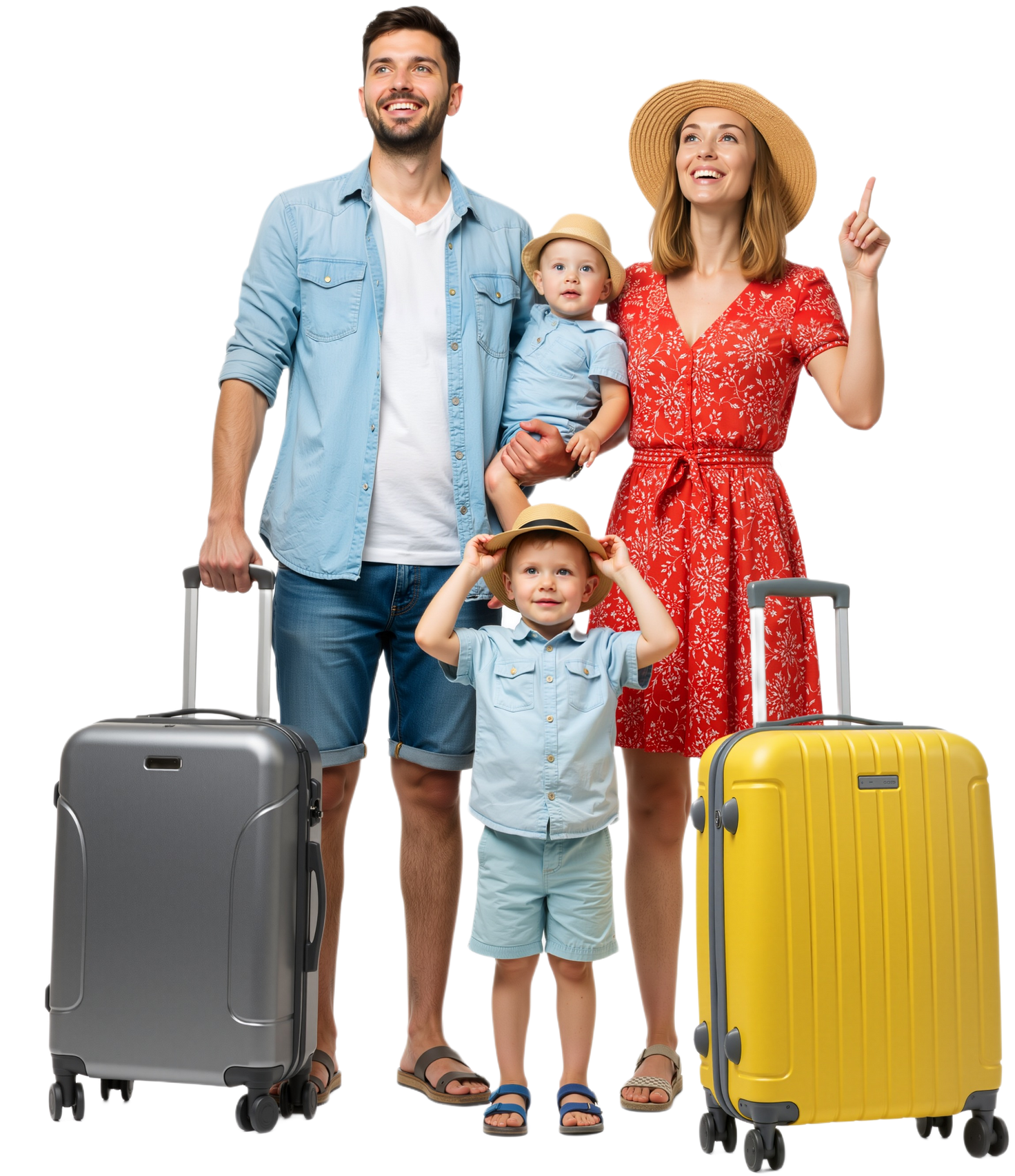 Famille avec deux jeunes enfants tenant des bagages, souriant, prête à voyager