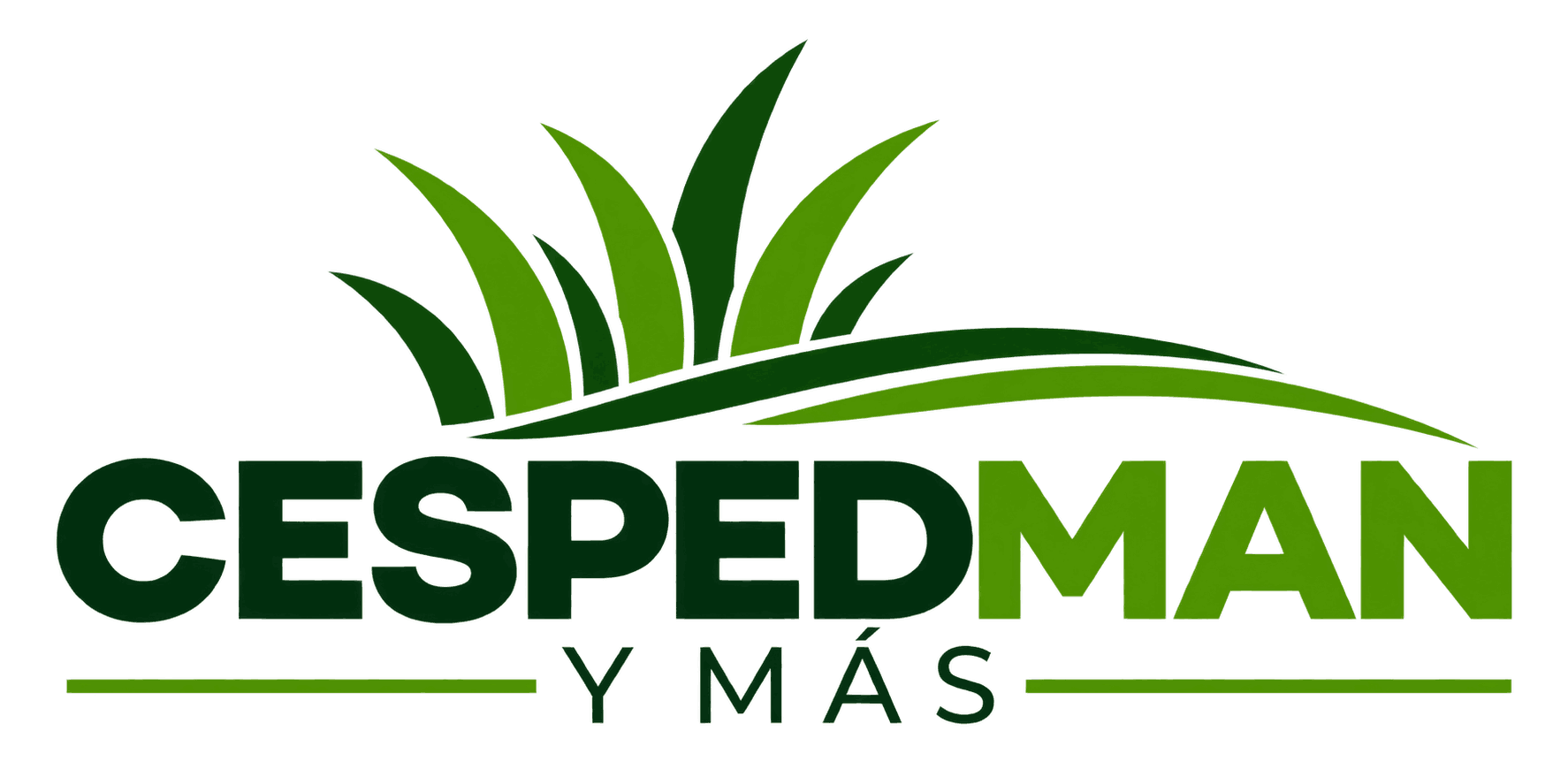 Logotipo de Céspedman y Más con briznas de hierba verde sobre texto verde oscuro sobre fondo blanco