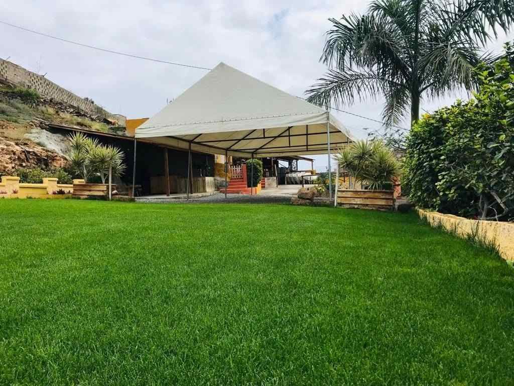 Amplio césped verde que conduce a una carpa blanca con palmeras y un paisaje de ladera.
