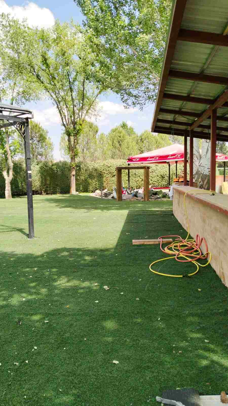 Patio trasero sombreado con césped verde, árboles, pérgola y manguera de jardín enrollada junto a un muro del patio.